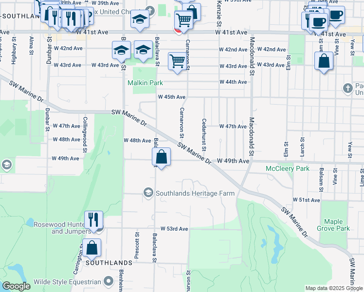 map of restaurants, bars, coffee shops, grocery stores, and more near 3033 Southwest Marine Drive in Vancouver