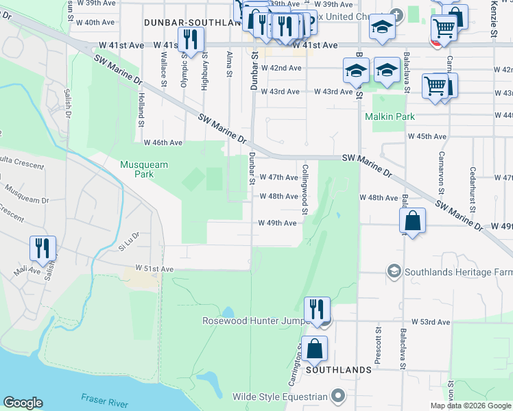 map of restaurants, bars, coffee shops, grocery stores, and more near 6428 Dunbar Street in Vancouver