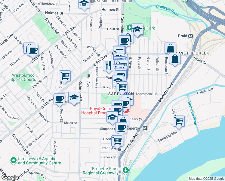 map of restaurants, bars, coffee shops, grocery stores, and more near 409 East Columbia Street in New Westminster
