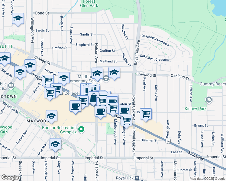 map of restaurants, bars, coffee shops, grocery stores, and more near 5025 Sanders Street in Burnaby