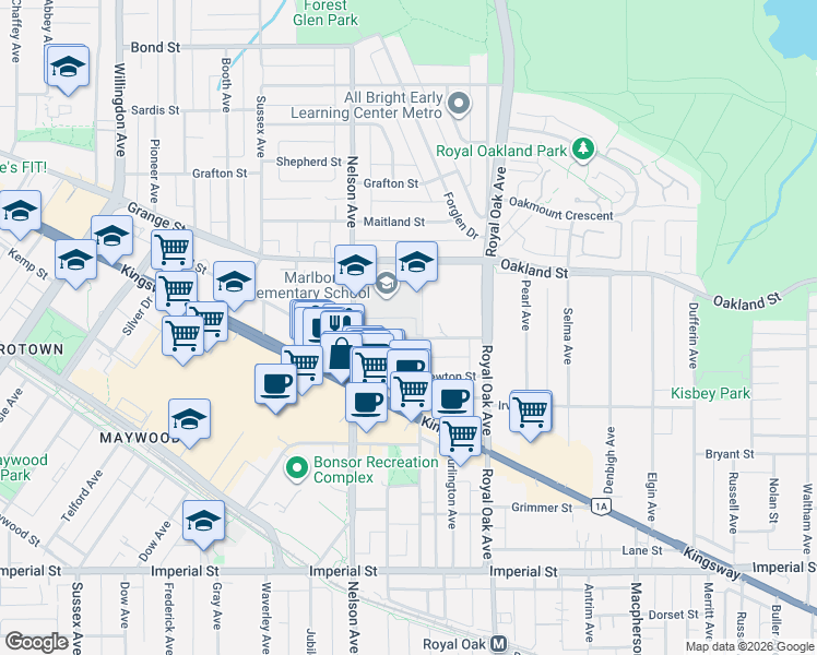 map of restaurants, bars, coffee shops, grocery stores, and more near 5025 Sanders Street in Burnaby