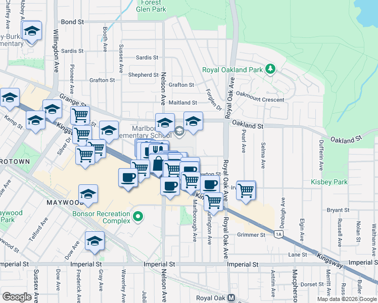 map of restaurants, bars, coffee shops, grocery stores, and more near 5025 Sanders Street in Burnaby