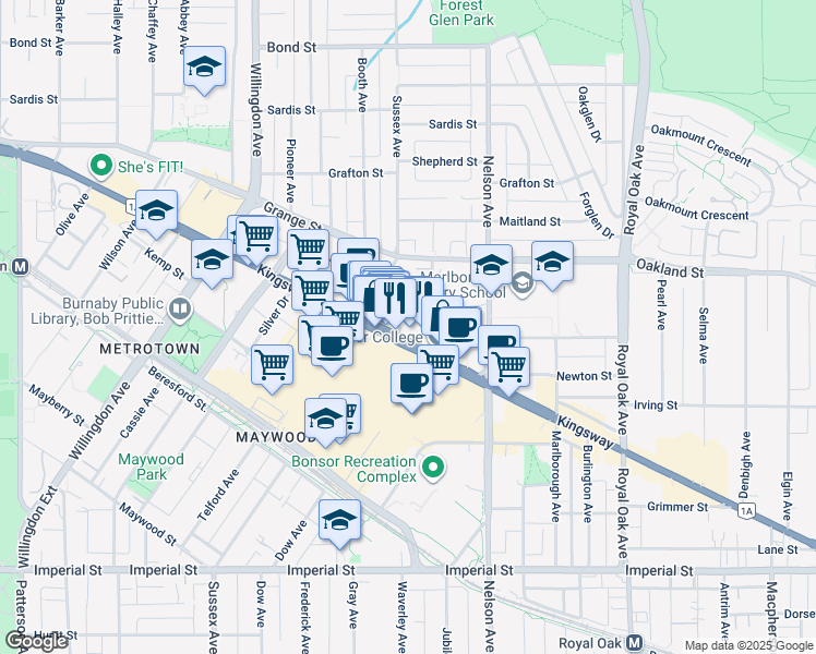 map of restaurants, bars, coffee shops, grocery stores, and more near 4755 Kingsway in Burnaby