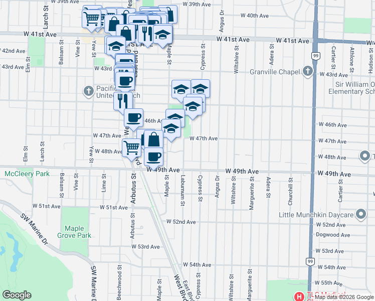map of restaurants, bars, coffee shops, grocery stores, and more near 6388 Laburnum Street in Vancouver