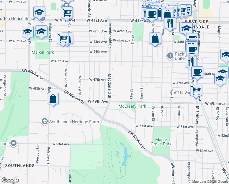 map of restaurants, bars, coffee shops, grocery stores, and more near 6350 Macdonald Street in Vancouver