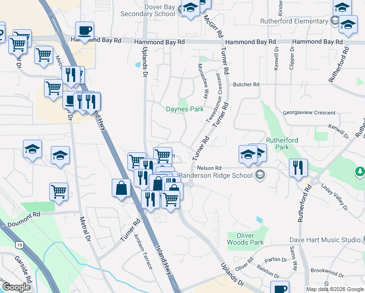 map of restaurants, bars, coffee shops, grocery stores, and more near 6119 Glacier Way in Nanaimo