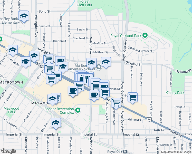 map of restaurants, bars, coffee shops, grocery stores, and more near 4951 Sanders Street in Burnaby