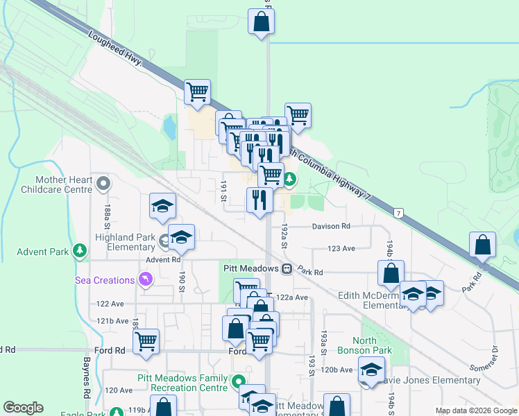 map of restaurants, bars, coffee shops, grocery stores, and more near 12409 Harris Road in Pitt Meadows