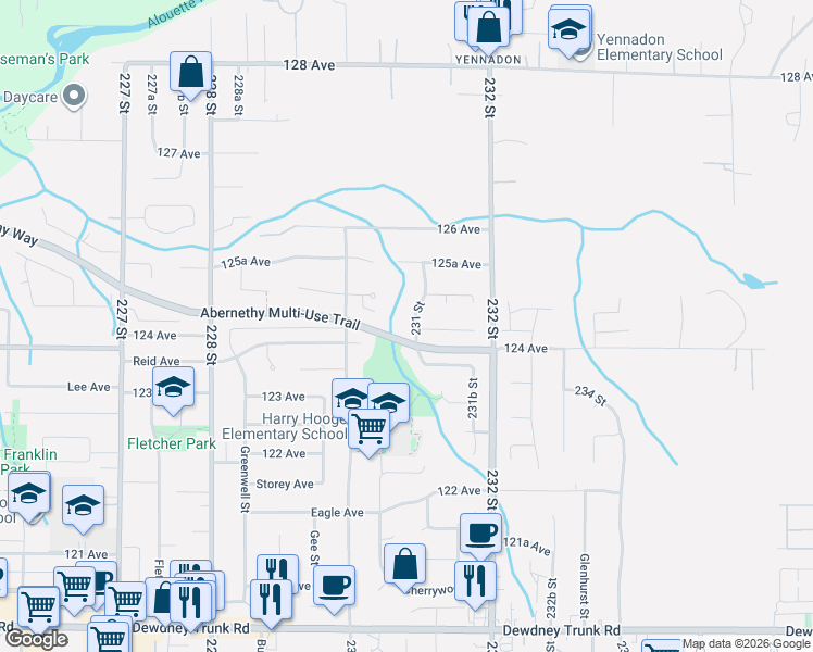 map of restaurants, bars, coffee shops, grocery stores, and more near 12421 231 Street in Maple Ridge