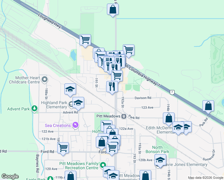 map of restaurants, bars, coffee shops, grocery stores, and more near 12439 Harris Road in Pitt Meadows
