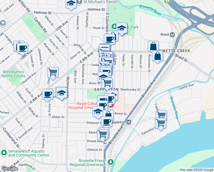 map of restaurants, bars, coffee shops, grocery stores, and more near 408 East Columbia Street in New Westminster