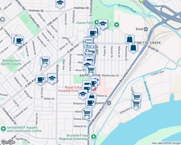 map of restaurants, bars, coffee shops, grocery stores, and more near 408 East Columbia Street in New Westminster