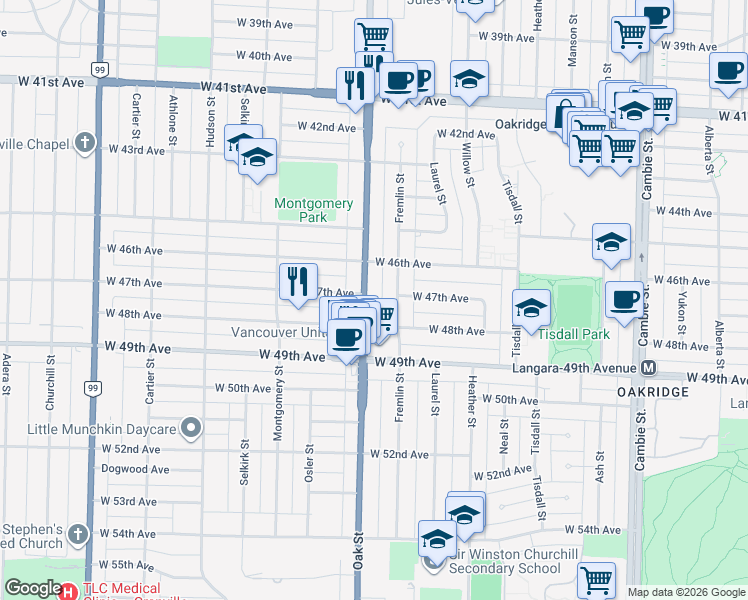 map of restaurants, bars, coffee shops, grocery stores, and more near 6310 Oak Street in Vancouver
