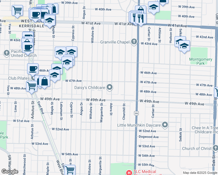 map of restaurants, bars, coffee shops, grocery stores, and more near 6339 Adera Street in Vancouver