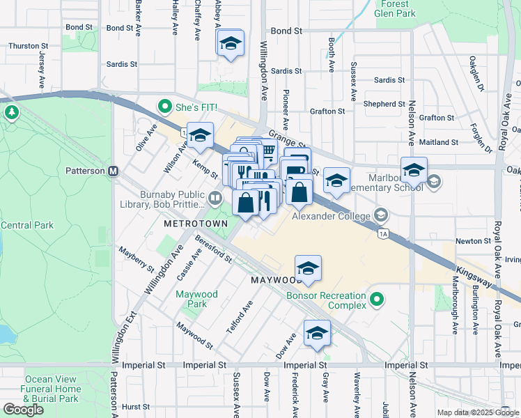map of restaurants, bars, coffee shops, grocery stores, and more near in Burnaby