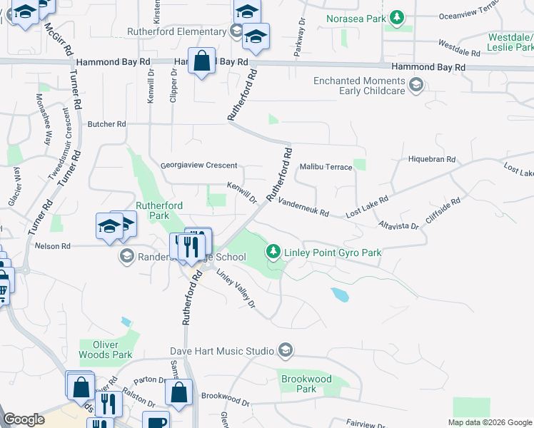 map of restaurants, bars, coffee shops, grocery stores, and more near 5378 Rutherford Road in Nanaimo