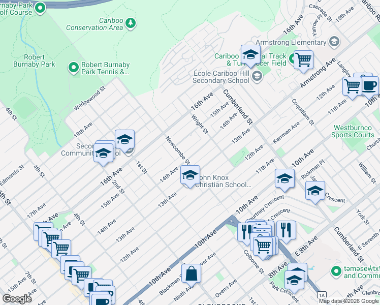 map of restaurants, bars, coffee shops, grocery stores, and more near 8323 14th Avenue in Burnaby