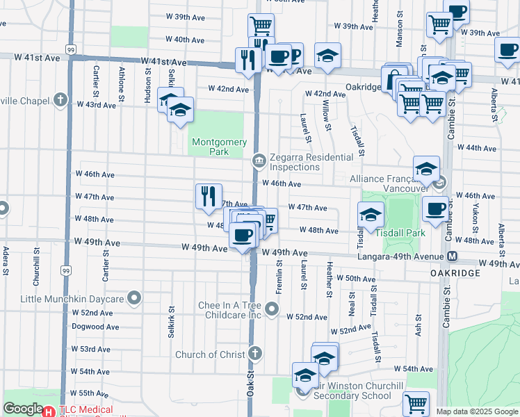 map of restaurants, bars, coffee shops, grocery stores, and more near 6312 Oak Street in Vancouver