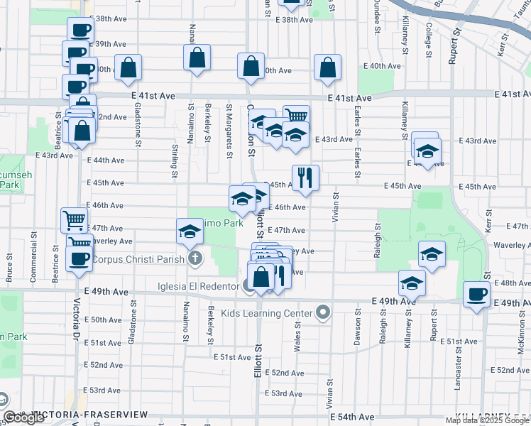 map of restaurants, bars, coffee shops, grocery stores, and more near 2604 East 46th Avenue in Vancouver