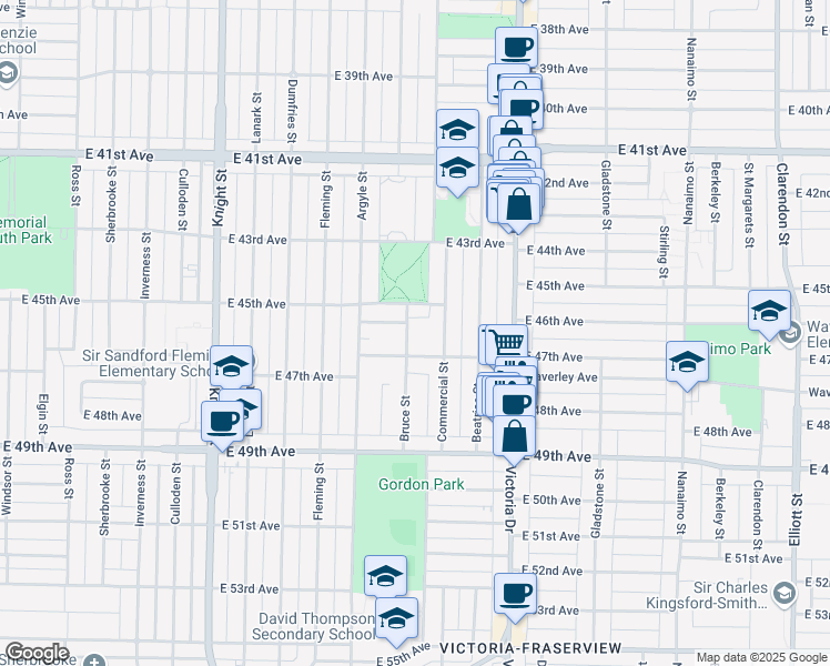 map of restaurants, bars, coffee shops, grocery stores, and more near 6158 Bruce Street in Vancouver