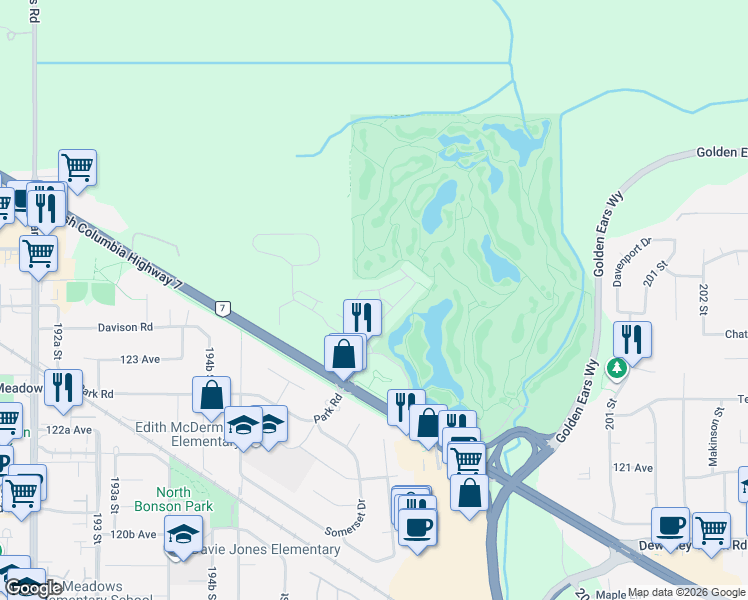 map of restaurants, bars, coffee shops, grocery stores, and more near 19639 Meadow Gardens Way in Pitt Meadows