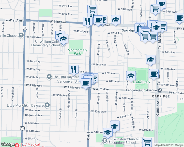 map of restaurants, bars, coffee shops, grocery stores, and more near 6310 Oak Street in Vancouver