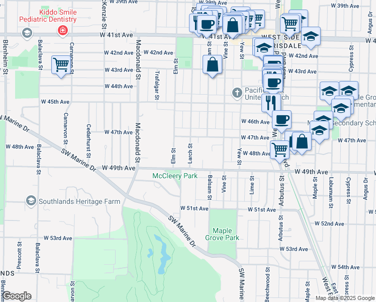 map of restaurants, bars, coffee shops, grocery stores, and more near 6389 Larch Street in Vancouver