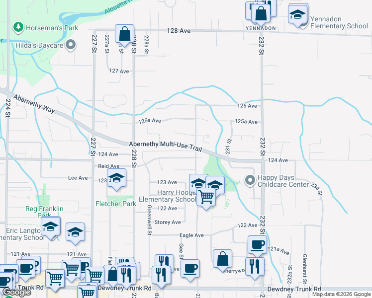 map of restaurants, bars, coffee shops, grocery stores, and more near 22980 Abernethy Lane in Maple Ridge