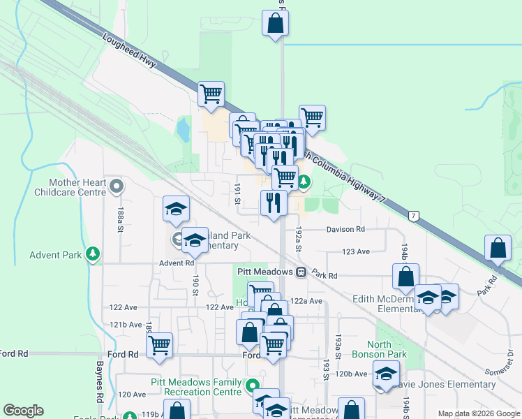 map of restaurants, bars, coffee shops, grocery stores, and more near 19141 124 Avenue in Pitt Meadows
