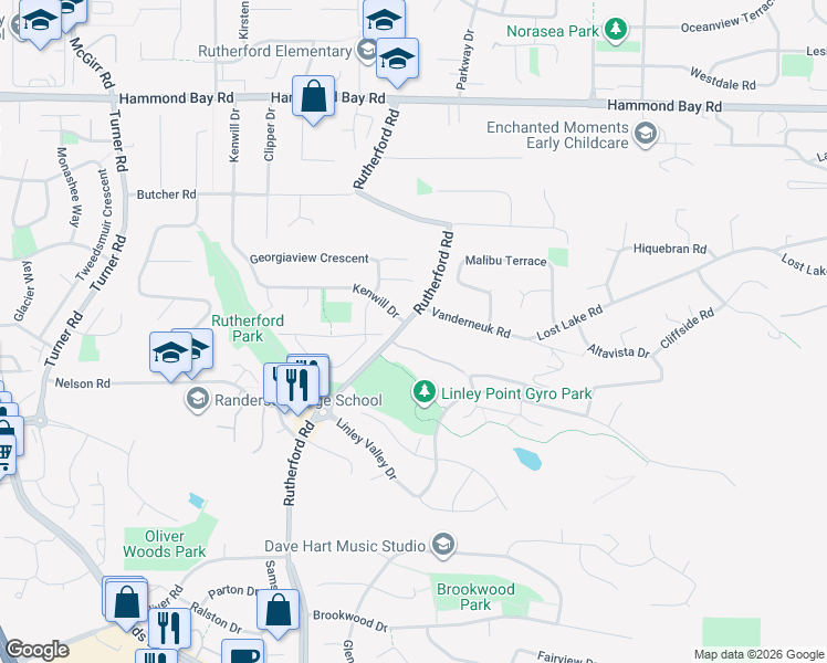 map of restaurants, bars, coffee shops, grocery stores, and more near 5378 Rutherford Road in Nanaimo