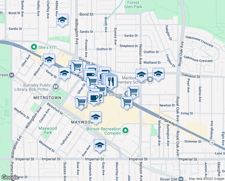 map of restaurants, bars, coffee shops, grocery stores, and more near 4705 Kingsway in Burnaby