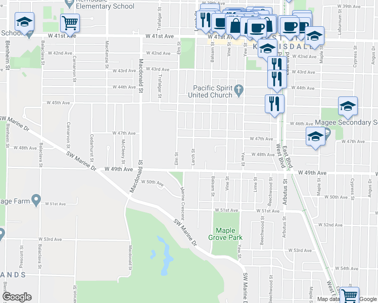 map of restaurants, bars, coffee shops, grocery stores, and more near 6389 Larch Street in Vancouver