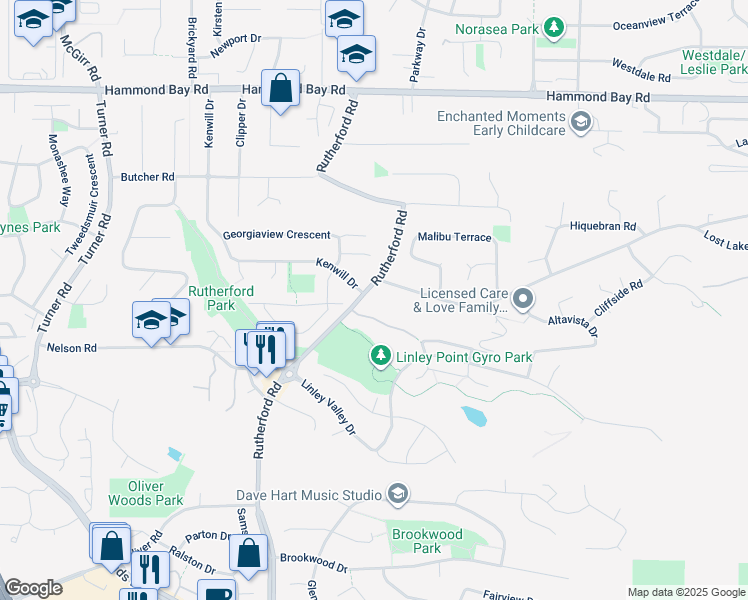 map of restaurants, bars, coffee shops, grocery stores, and more near 5378 Rutherford Road in Nanaimo