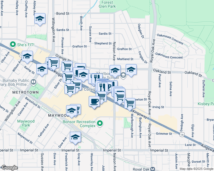 map of restaurants, bars, coffee shops, grocery stores, and more near 4825 Hazel Street in Burnaby