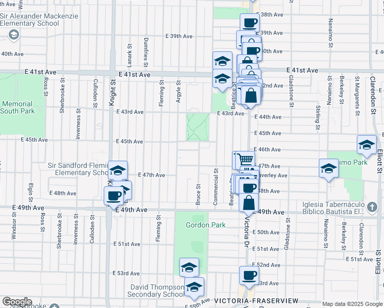 map of restaurants, bars, coffee shops, grocery stores, and more near 1748 East 46th Avenue in Vancouver