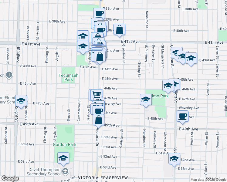 map of restaurants, bars, coffee shops, grocery stores, and more near in Vancouver