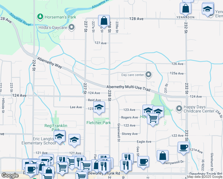 map of restaurants, bars, coffee shops, grocery stores, and more near 12444 228 Street in Maple Ridge