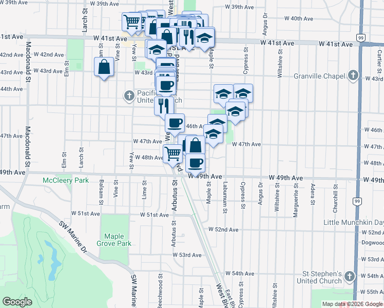 map of restaurants, bars, coffee shops, grocery stores, and more near 2069 West 48th Avenue in Vancouver