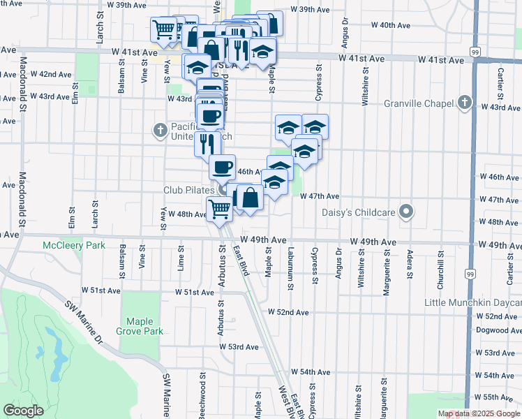 map of restaurants, bars, coffee shops, grocery stores, and more near 2017 West 48th Avenue in Vancouver
