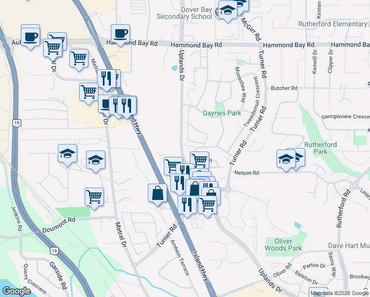 map of restaurants, bars, coffee shops, grocery stores, and more near 6228 Washington Way in Nanaimo