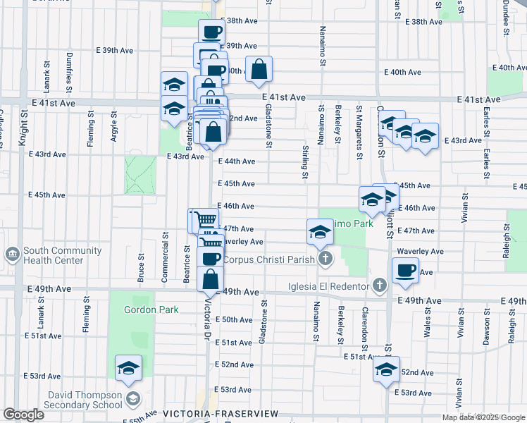 map of restaurants, bars, coffee shops, grocery stores, and more near 2174 East 46th Avenue in Vancouver
