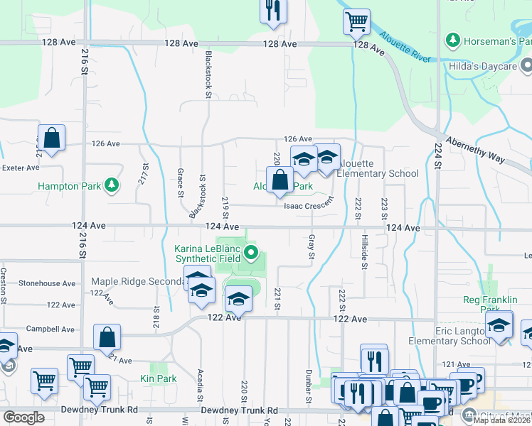 map of restaurants, bars, coffee shops, grocery stores, and more near 22012 Isaac Crescent in Maple Ridge
