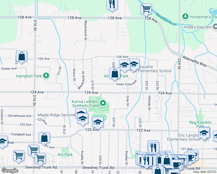 map of restaurants, bars, coffee shops, grocery stores, and more near 22012 Isaac Crescent in Maple Ridge