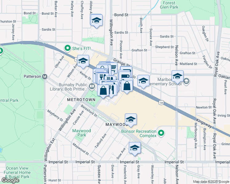 map of restaurants, bars, coffee shops, grocery stores, and more near Assembly Way in Burnaby