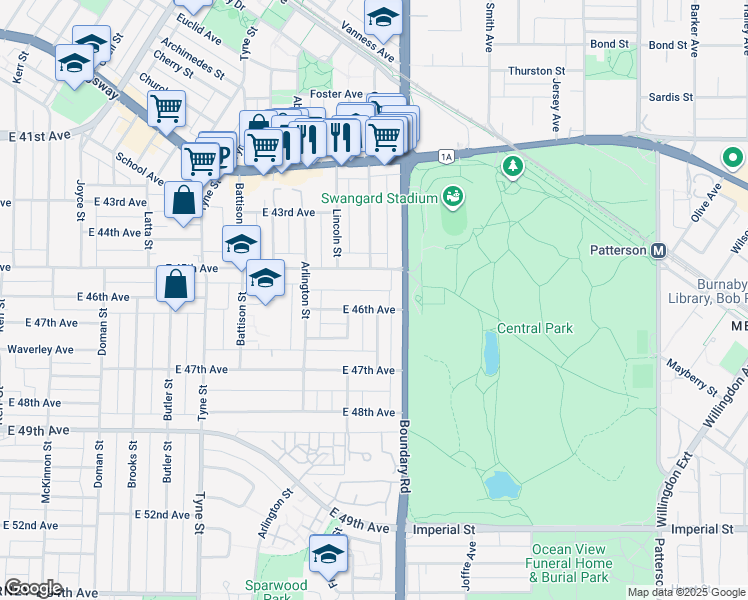 map of restaurants, bars, coffee shops, grocery stores, and more near 3649 East 46th Avenue in Vancouver