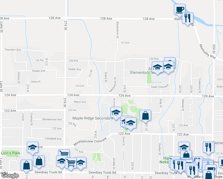 map of restaurants, bars, coffee shops, grocery stores, and more near 12427 Blackstock Street in Maple Ridge