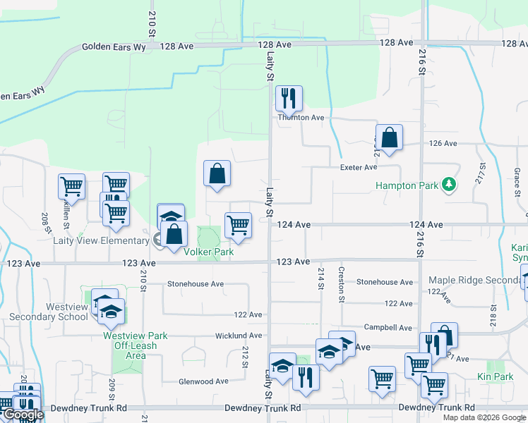 map of restaurants, bars, coffee shops, grocery stores, and more near 12410 Dawson Place in Maple Ridge
