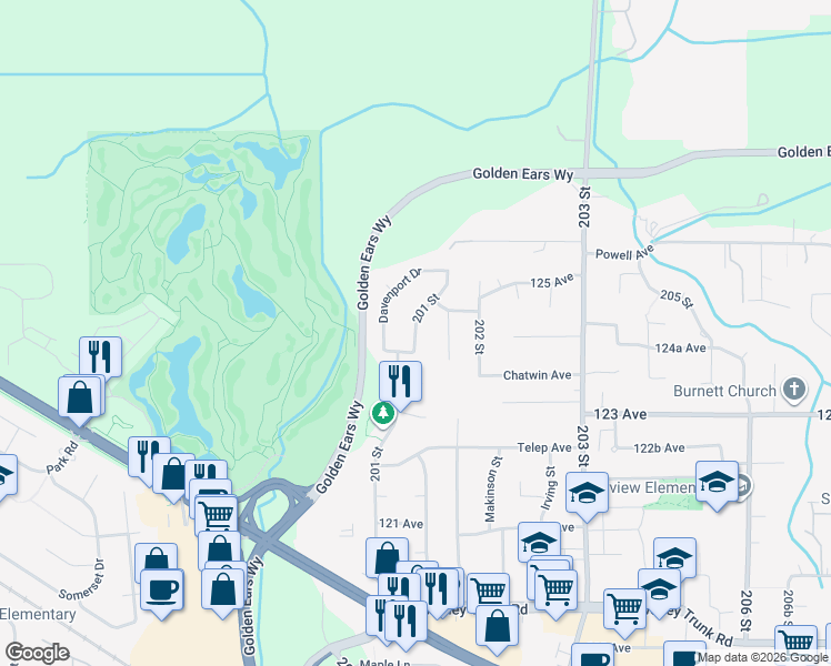 map of restaurants, bars, coffee shops, grocery stores, and more near 12396 201 Street in Maple Ridge