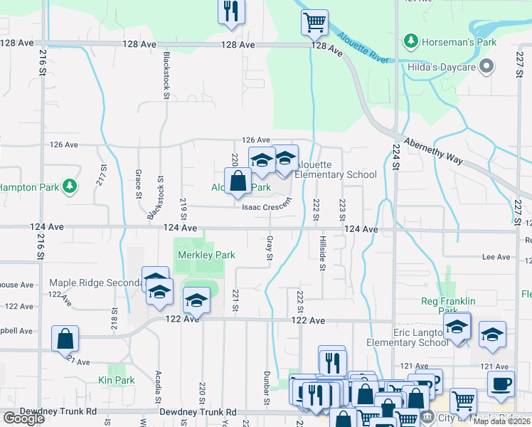 map of restaurants, bars, coffee shops, grocery stores, and more near 22110 Isaac Crescent in Maple Ridge