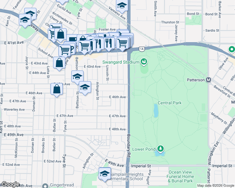 map of restaurants, bars, coffee shops, grocery stores, and more near 3639 East 46th Avenue in Vancouver
